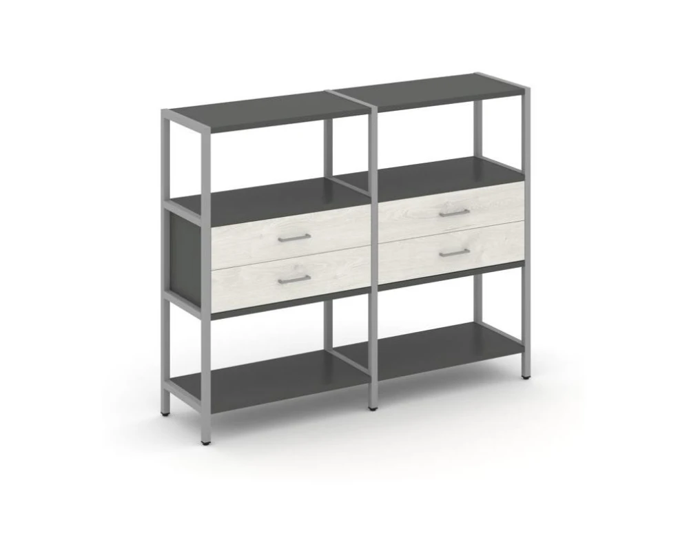 Двухсекционный стеллаж трехярусный с ящиками на одном ярусе 1590х400х1246 Шелф Систем / Shelf System