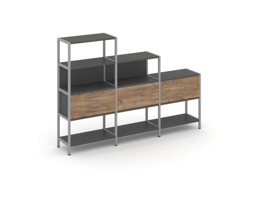 Трехсекционный стеллаж четырех/трех/двухярусный с ящиками 2730х400х1613 Шелф Систем / Shelf System