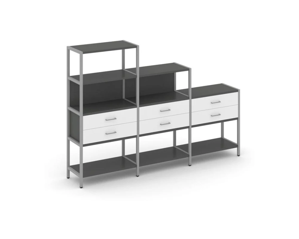 Трехсекционный стеллаж четырех/трех/двухярусный с ящиками 2730х400х1613 Шелф Систем / Shelf System