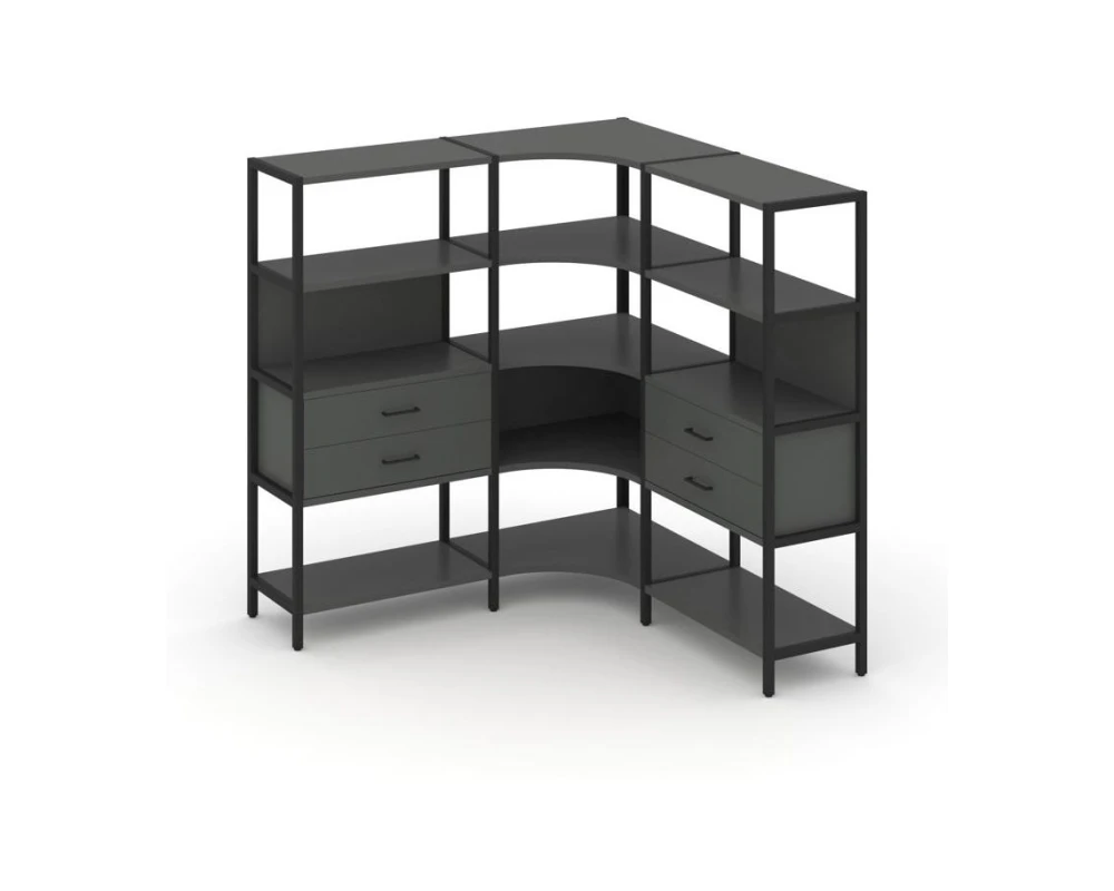 Трехсекционный угловой стеллаж четырехярусный с ящиками 1590х1590х1613 Шелф Систем / Shelf System