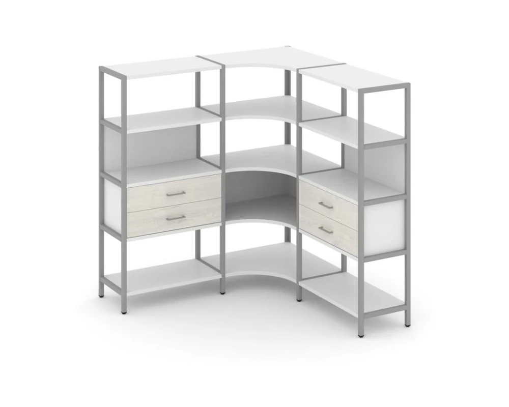 Трехсекционный угловой стеллаж четырехярусный с ящиками 1590х1590х1613 Шелф Систем / Shelf System