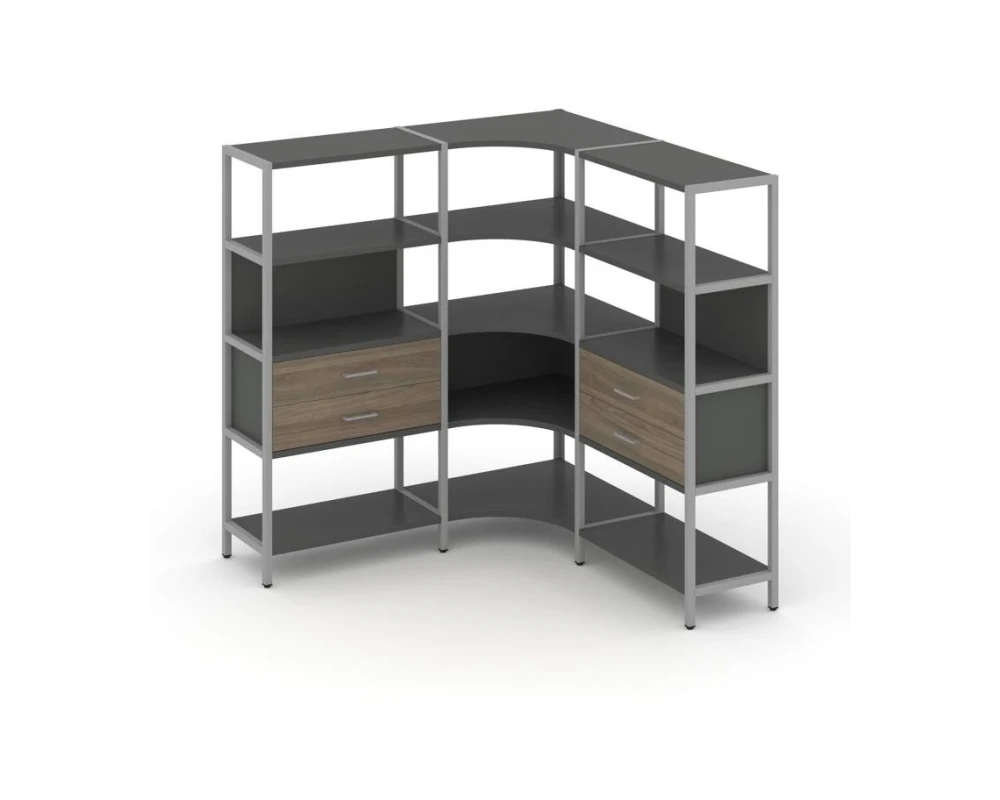 Трехсекционный угловой стеллаж четырехярусный с ящиками 1590х1590х1613 Шелф Систем / Shelf System