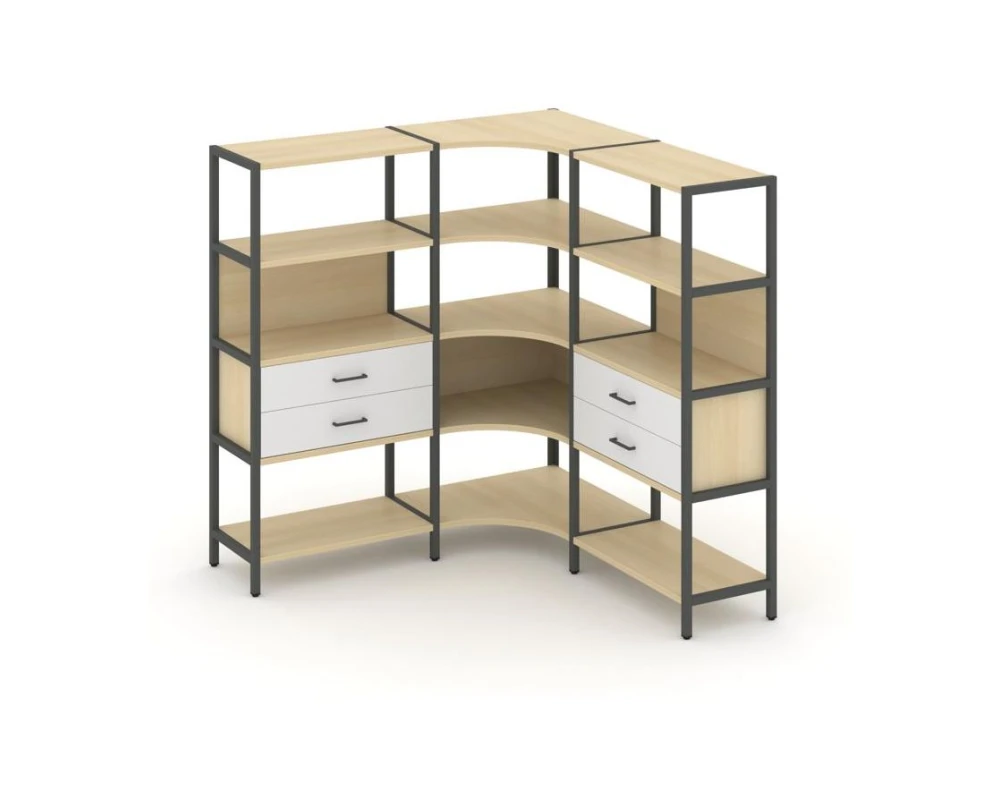 Трехсекционный угловой стеллаж четырехярусный с ящиками 1590х1590х1613 Шелф Систем / Shelf System