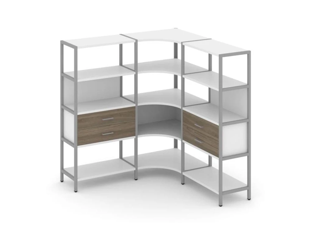 Трехсекционный угловой стеллаж четырехярусный с ящиками 1590х1590х1613 Шелф Систем / Shelf System