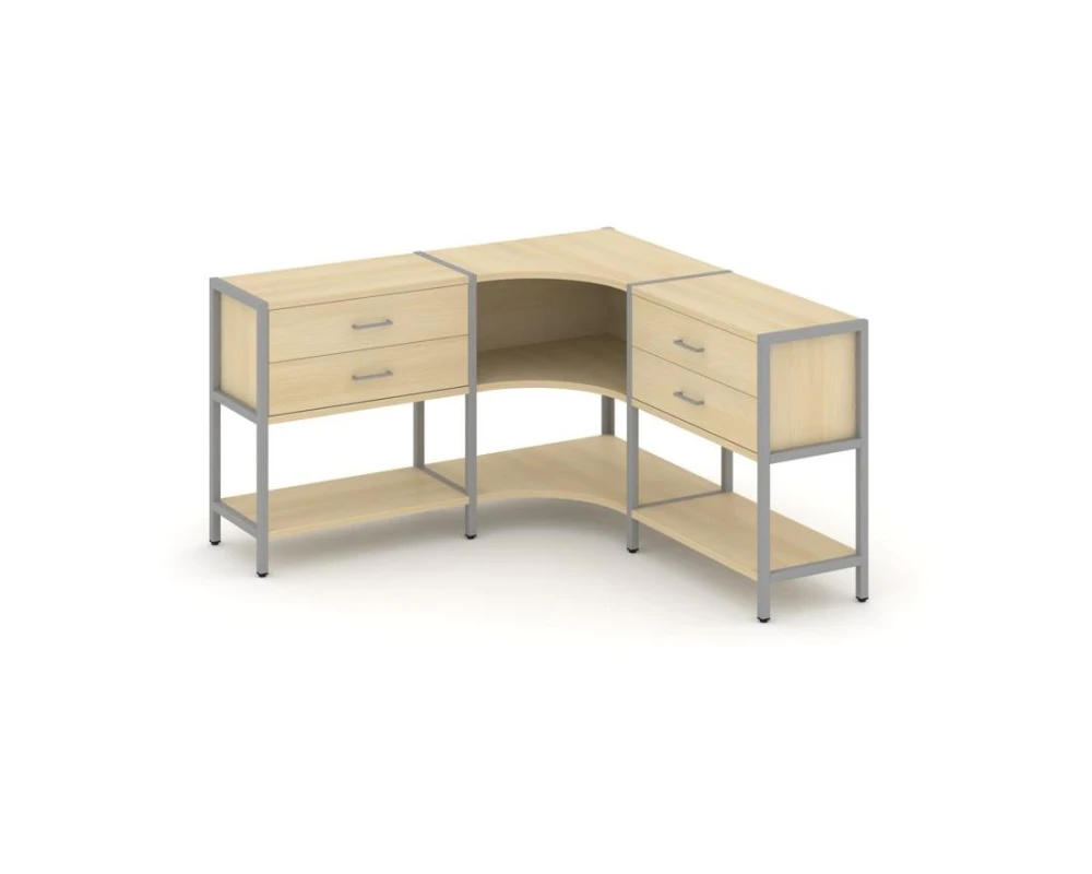 Трехсекционный угловой стеллаж двухярусный с ящиками 1590х1590х879 Шелф Систем / Shelf System