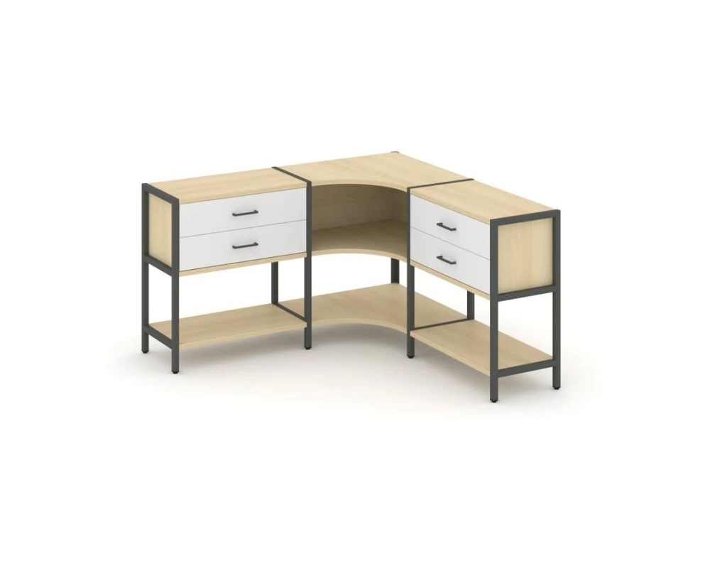 Трехсекционный угловой стеллаж двухярусный с ящиками 1590х1590х879 Шелф Систем / Shelf System