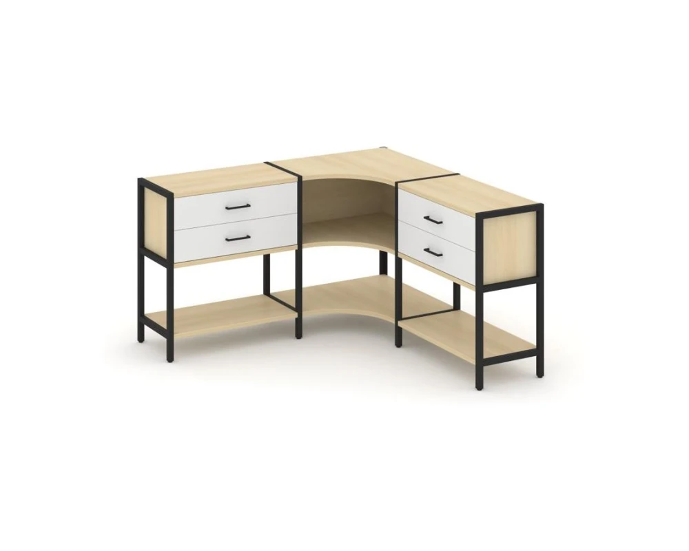 Трехсекционный угловой стеллаж двухярусный с ящиками 1590х1590х879 Шелф Систем / Shelf System