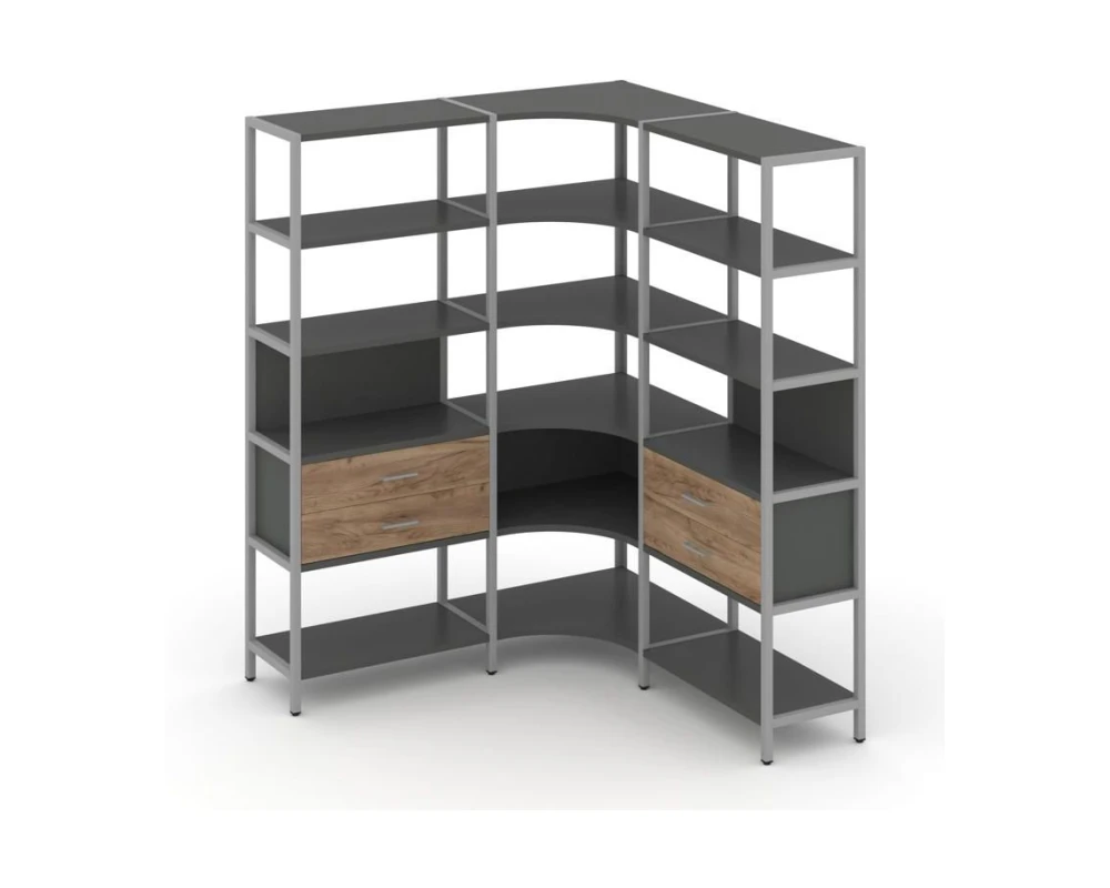 Трехсекционный угловой стеллаж пятиярусный с ящиками 1590х1590х1980 Шелф Систем / Shelf System