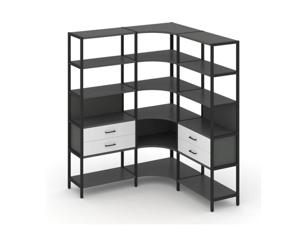 Трехсекционный угловой стеллаж пятиярусный с ящиками 1590х1590х1980 Шелф Систем / Shelf System