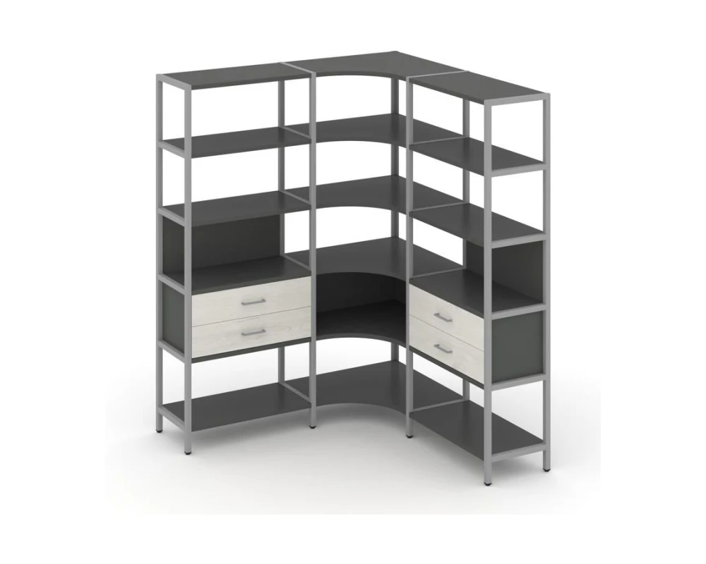 Трехсекционный угловой стеллаж пятиярусный с ящиками 1590х1590х1980 Шелф Систем / Shelf System