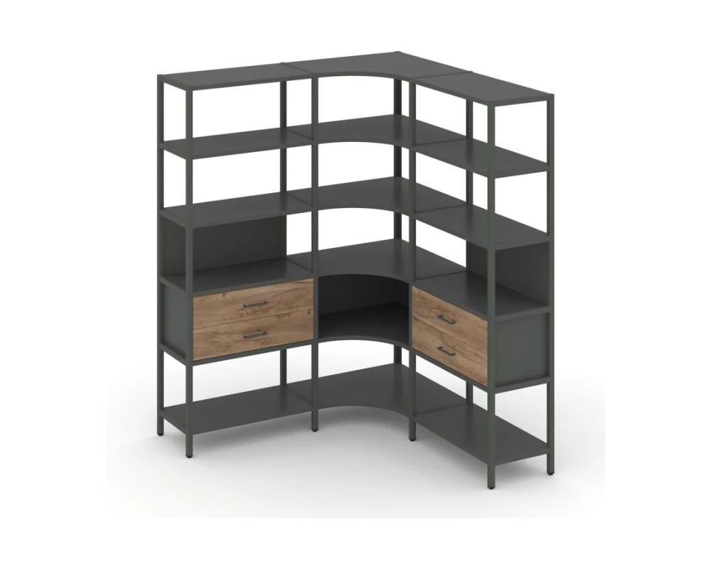 Трехсекционный угловой стеллаж пятиярусный с ящиками 1590х1590х1980 Шелф Систем / Shelf System