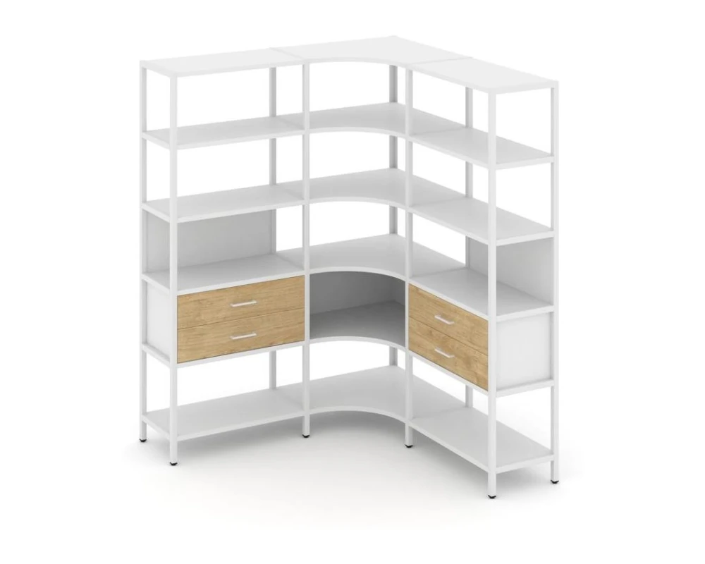 Трехсекционный угловой стеллаж пятиярусный с ящиками 1590х1590х1980 Шелф Систем / Shelf System