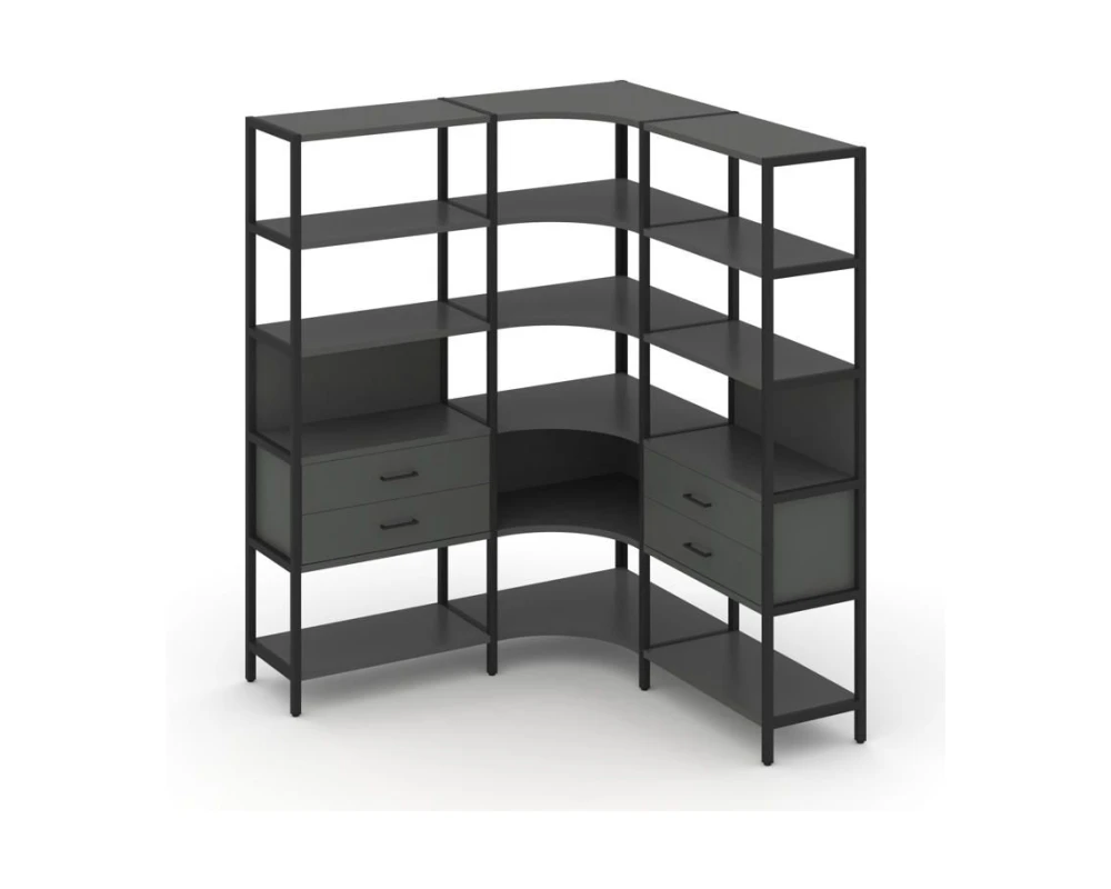Трехсекционный угловой стеллаж пятиярусный с ящиками 1590х1590х1980 Шелф Систем / Shelf System