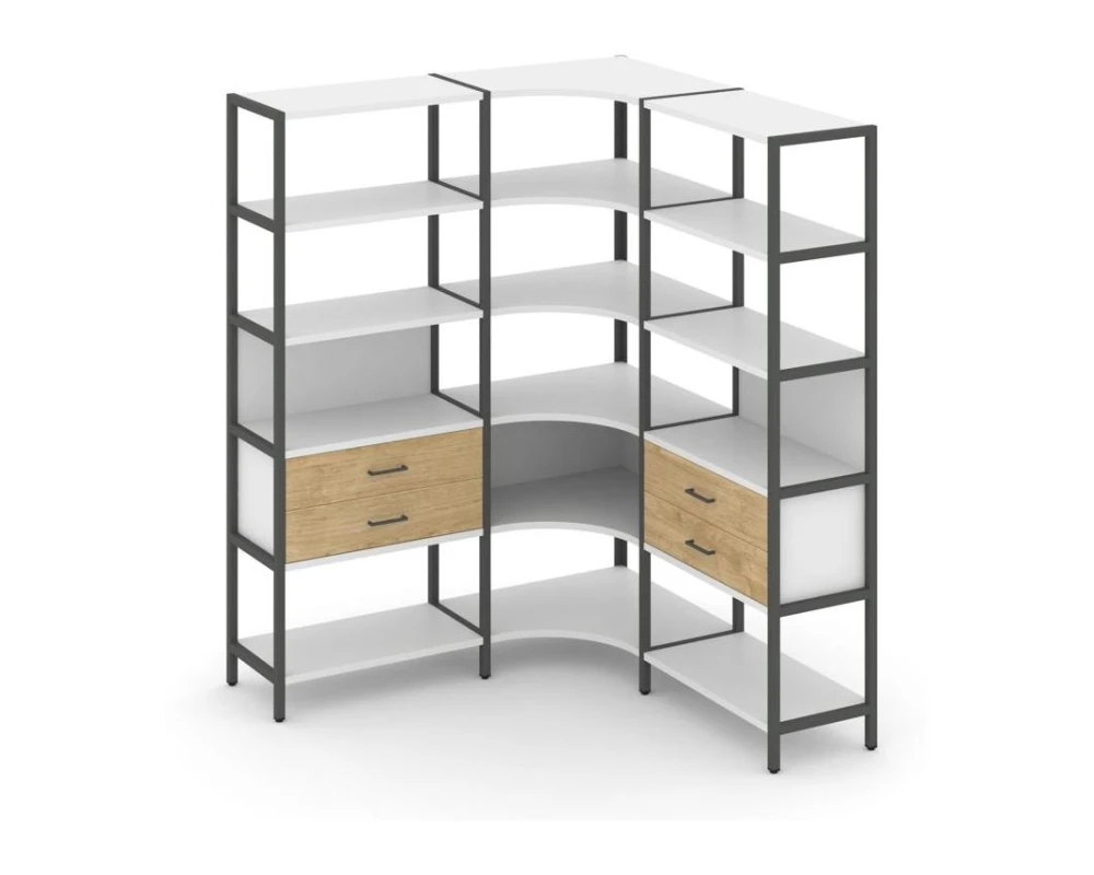 Трехсекционный угловой стеллаж пятиярусный с ящиками 1590х1590х1980 Шелф Систем / Shelf System