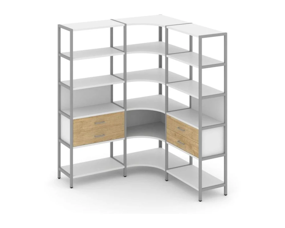 Трехсекционный угловой стеллаж пятиярусный с ящиками 1590х1590х1980 Шелф Систем / Shelf System