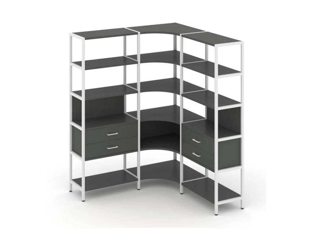 Трехсекционный угловой стеллаж пятиярусный с ящиками 1590х1590х1980 Шелф Систем / Shelf System
