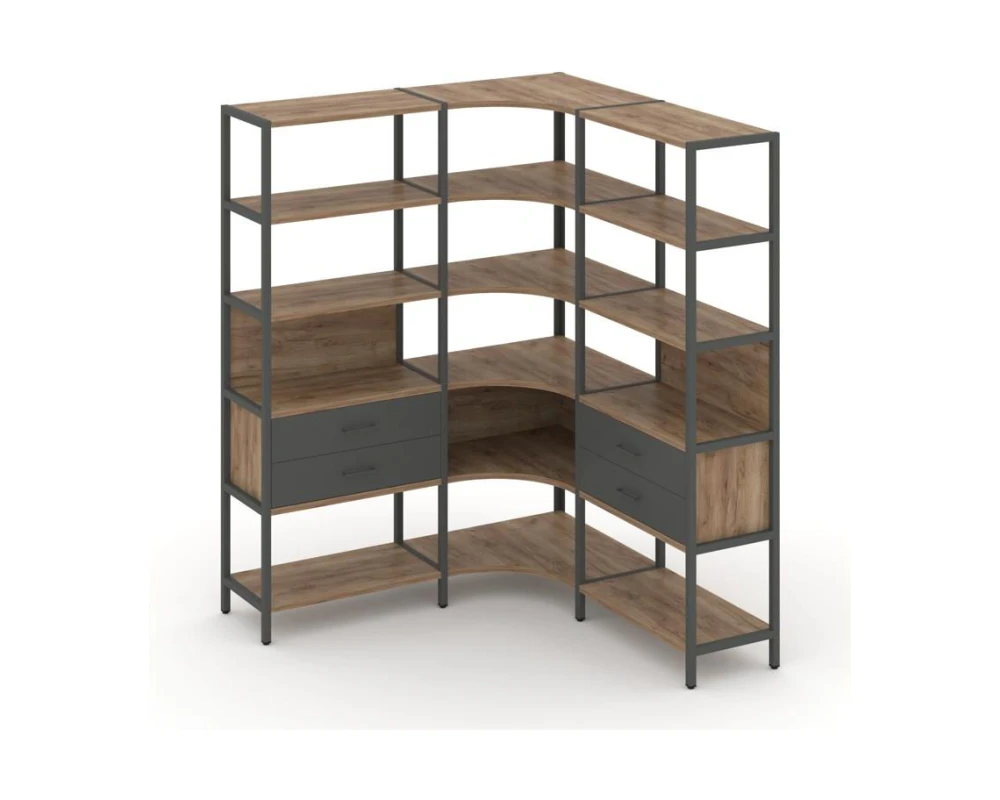 Трехсекционный угловой стеллаж пятиярусный с ящиками 1590х1590х1980 Шелф Систем / Shelf System