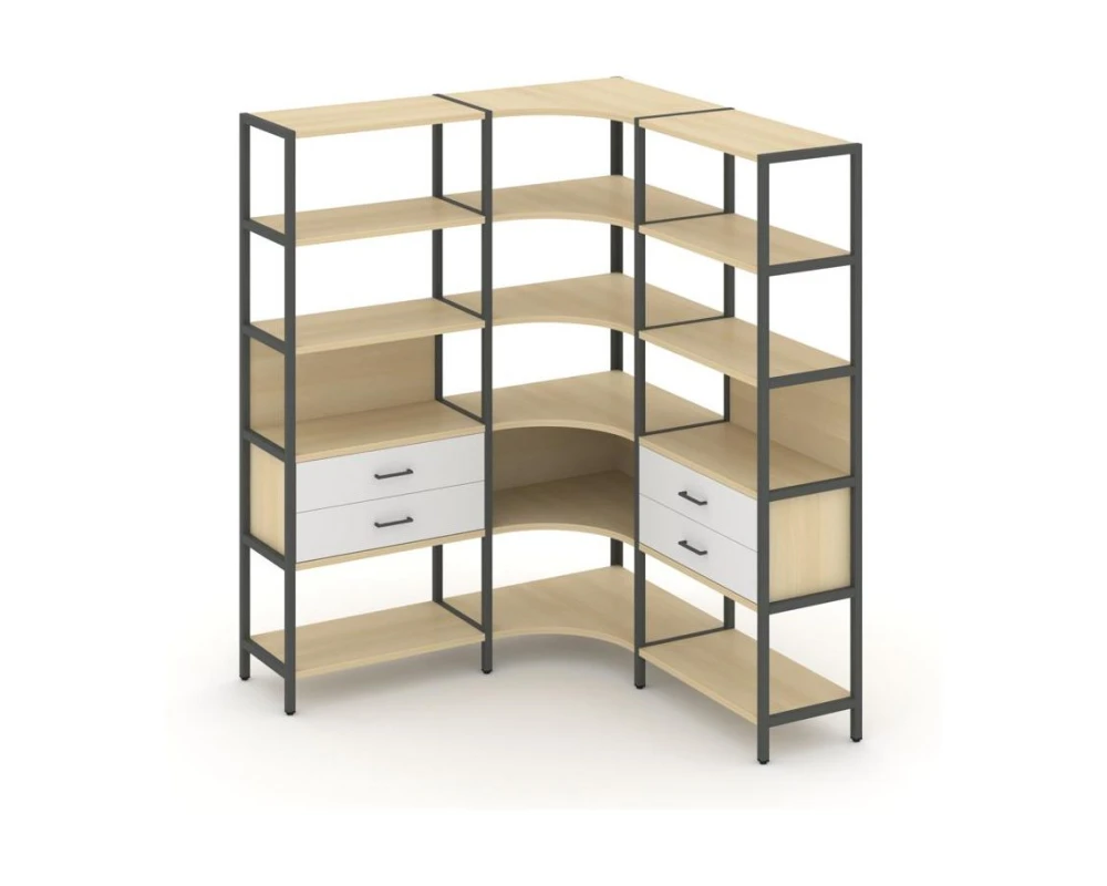 Трехсекционный угловой стеллаж пятиярусный с ящиками 1590х1590х1980 Шелф Систем / Shelf System