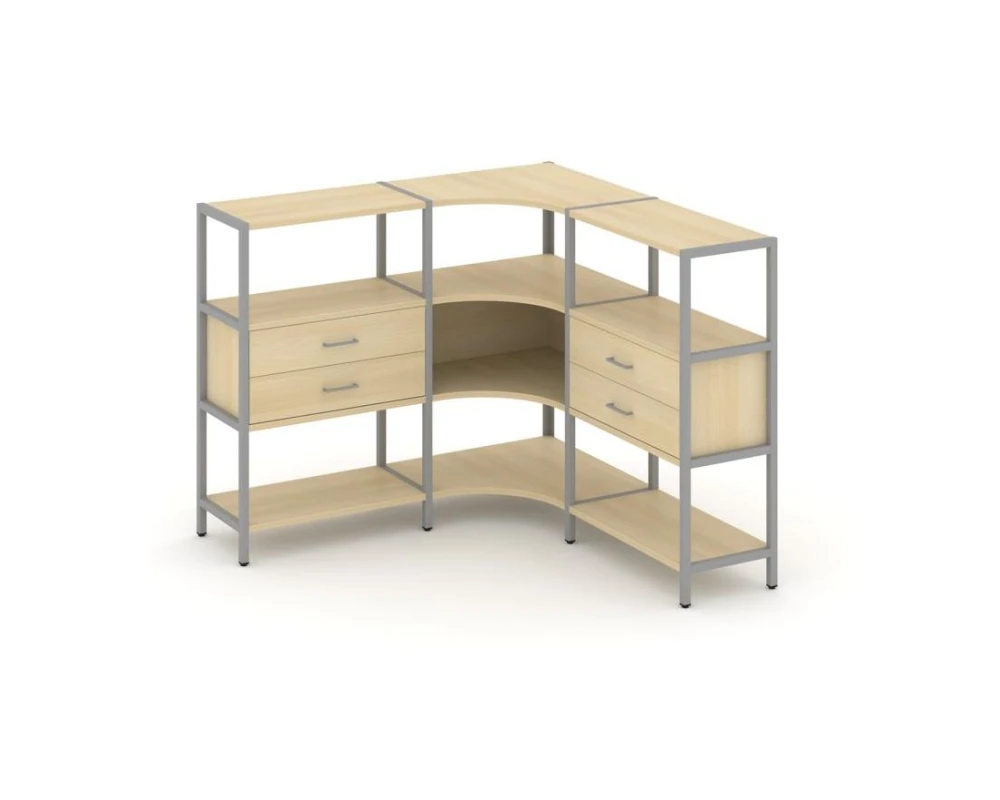Трехсекционный угловой стеллаж трехярусный с ящиками 1590х1590х1246 Шелф Систем / Shelf System