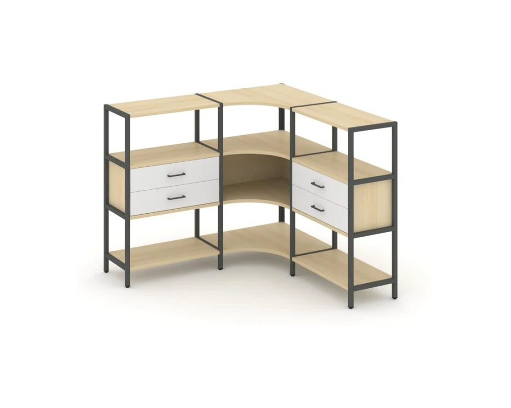Трехсекционный угловой стеллаж трехярусный с ящиками 1590х1590х1246 Шелф Систем / Shelf System